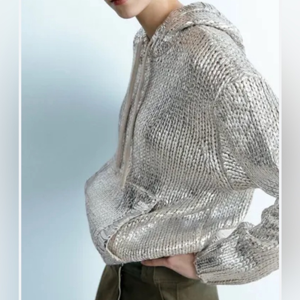 NWT Zara Metallic Silver Chunky Knit Hoodie